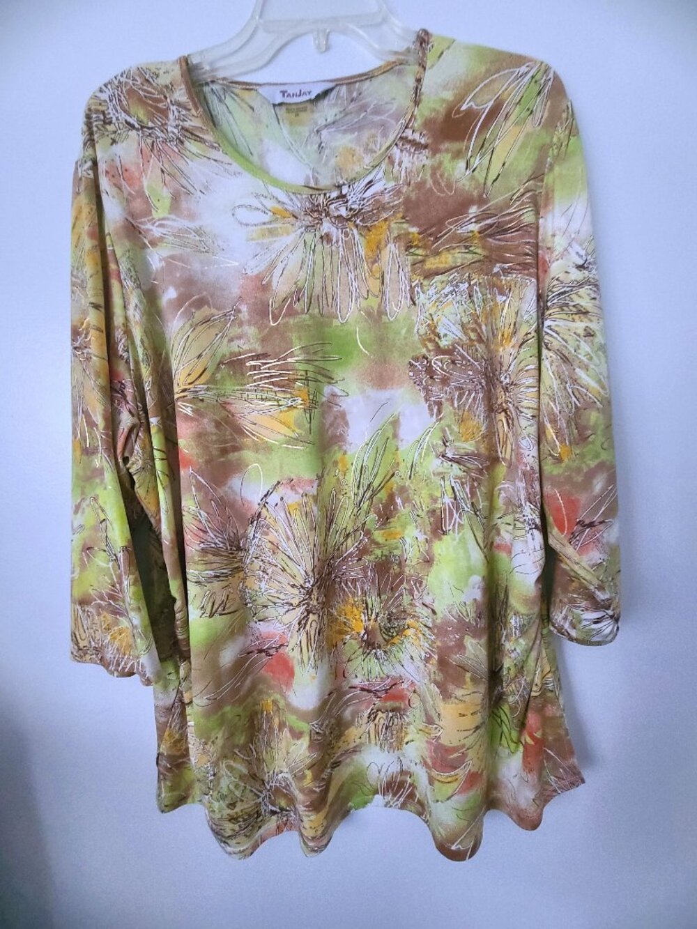 Tan Jay Multicolor Tunic top in greens, golds and browns.